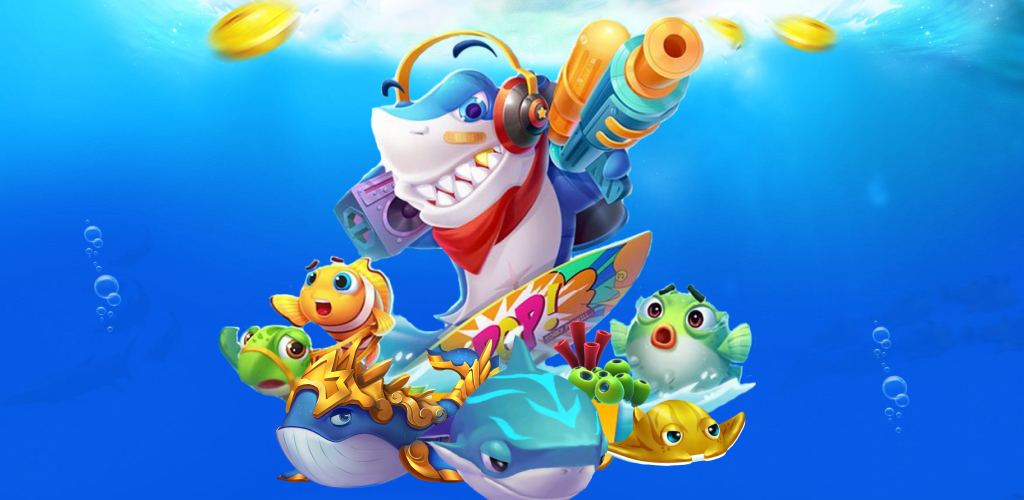 ฉากเกมยิงปลาใต้น้ำพร้อมปลาหลากขนาดและปืนยิง
